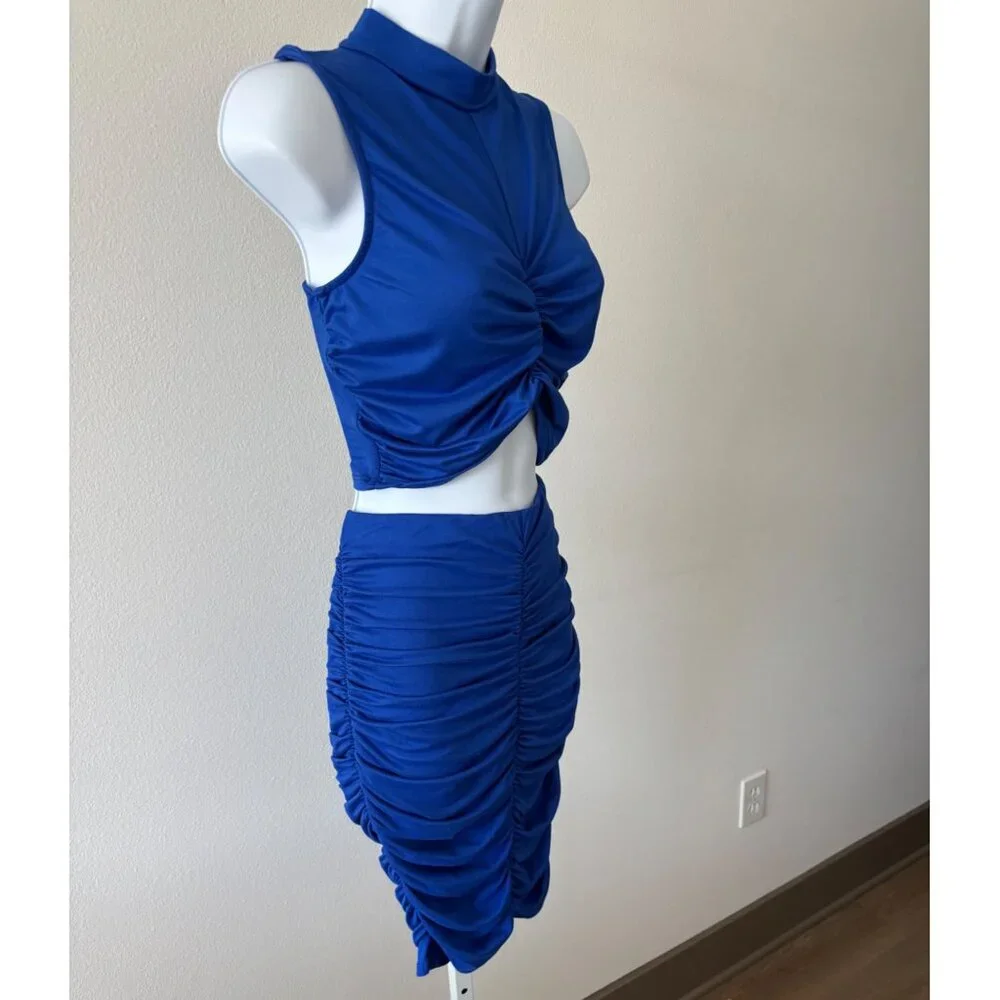 Skirt & Crop Top Set Large BodyCon Blue Ruched Y2K Glam Cyber Grunge Festival - Picture 14 of 15